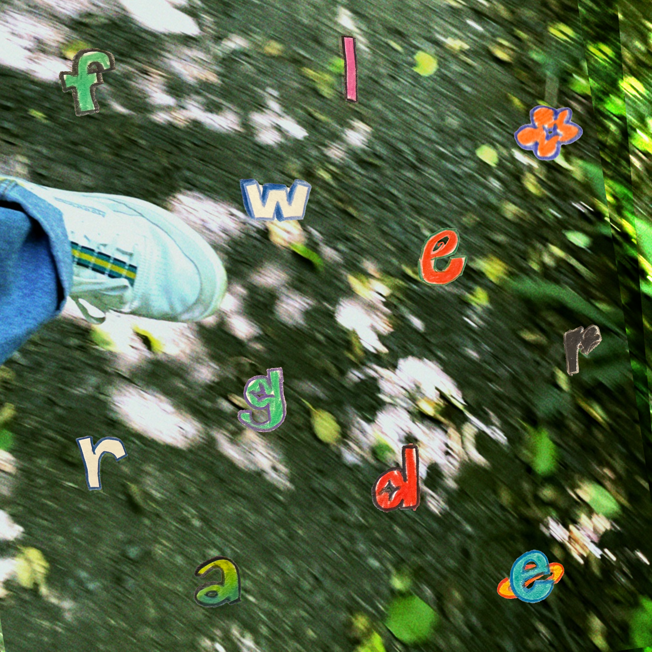 Album cover for Flowergrade by Garden Busker - blurry, colourful snapshot of a tennis shoe moving against the forest floor, with cut-up drawings of letters in various fonts, arranged to spell the title Flowergrade in a circle.