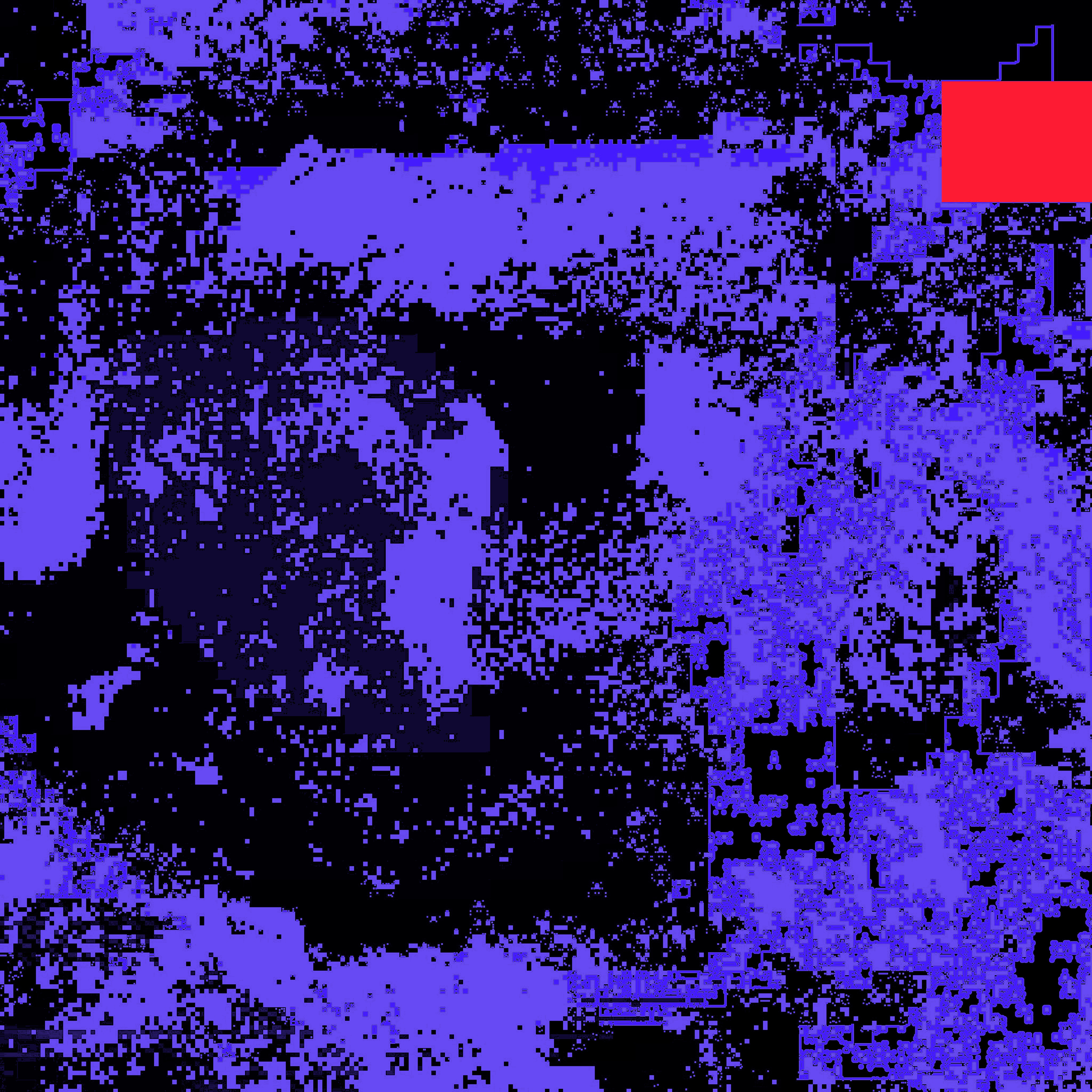 Album cover for Quantum jumper by mem4. The cover looks to be a field of downscaled image artifacts, crisped up into a duotone black-and-purple nondescript image, with one sharp red square at the top right of the image, akin to a piece of tape.